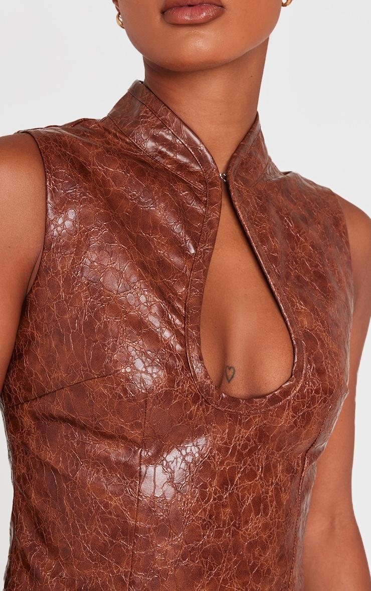 Brown Textured Faux Leather Keyhole Long Top Product Image