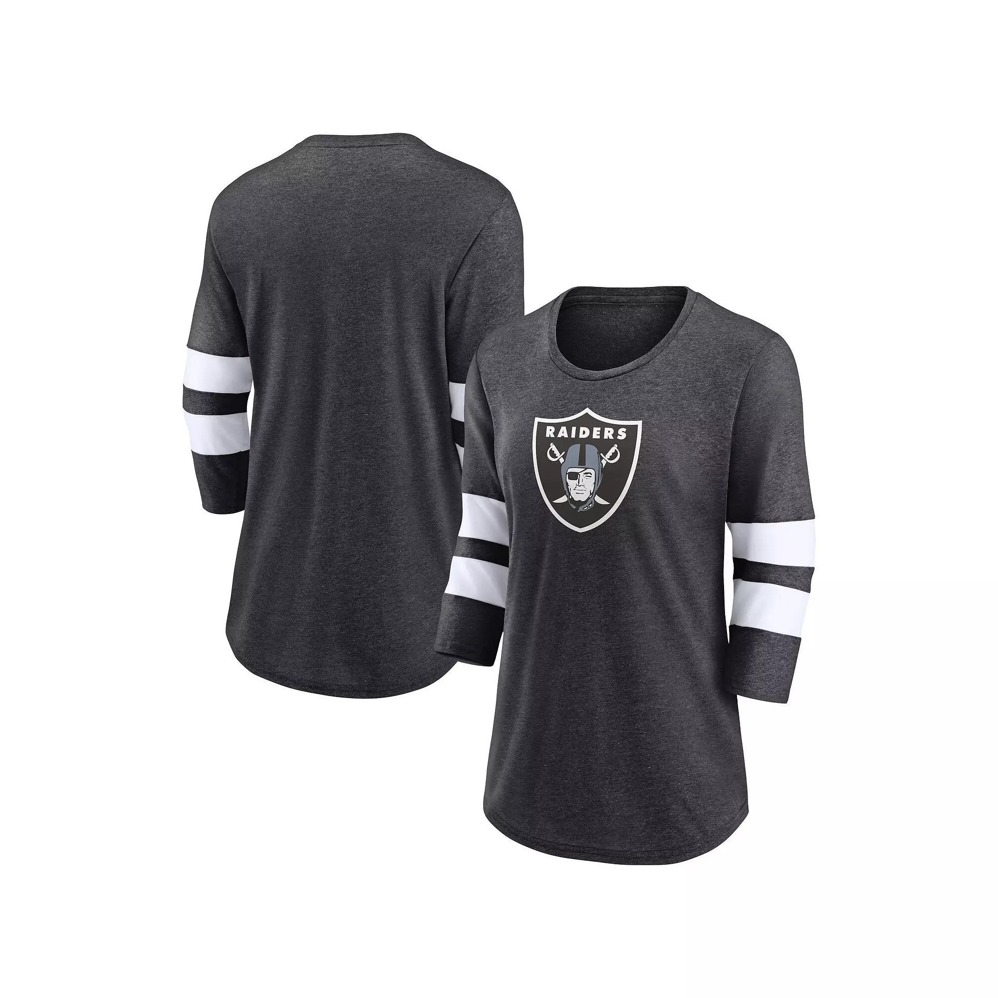 Women's Fanatics Branded Heathered Charcoal Las Vegas Raiders Primary Logo 3/4 Sleeve Scoop Neck T-Shirt,  Product Image