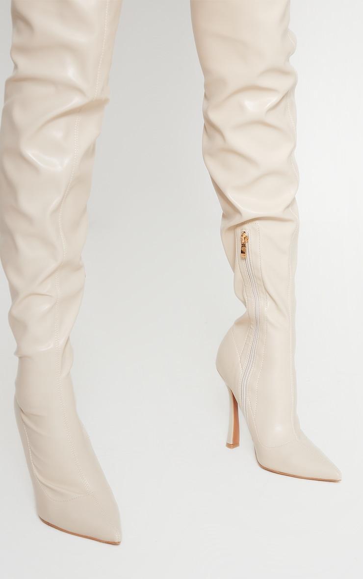 Cream Faux Leather Point Toe Sock Heeled Over The Knee Boots Product Image