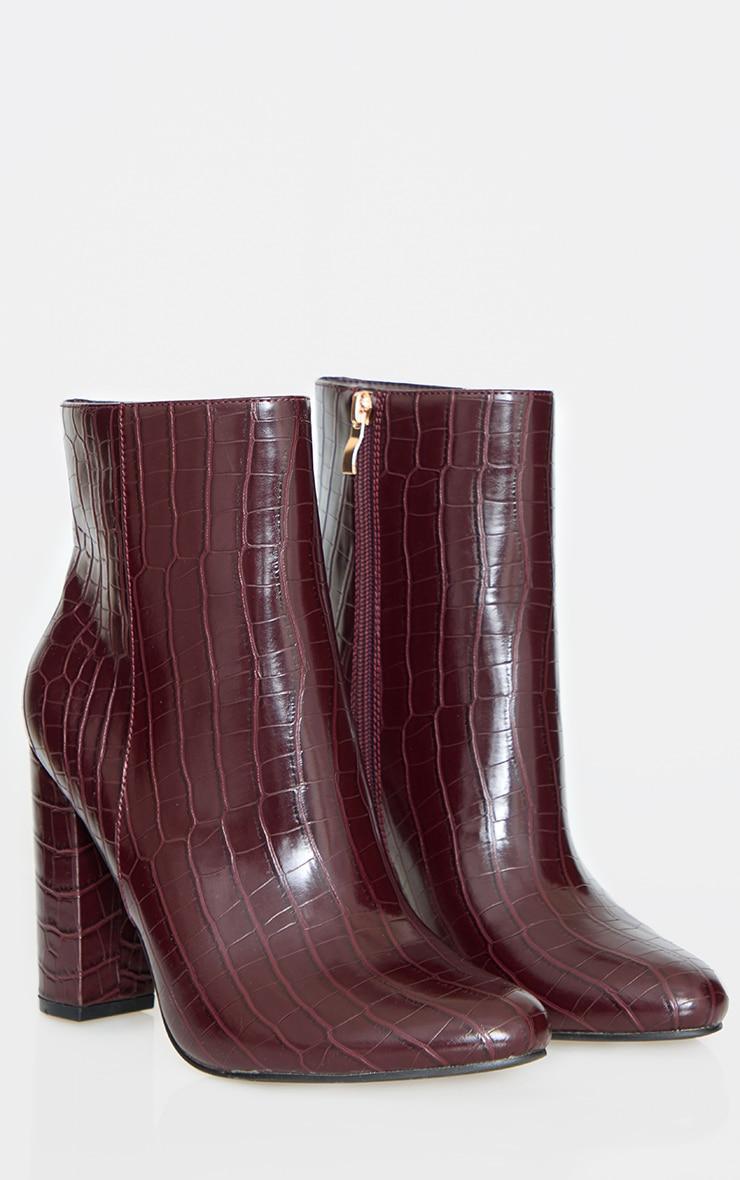 Burgundy Croc PU Block Heel Ankle Boots  Product Image