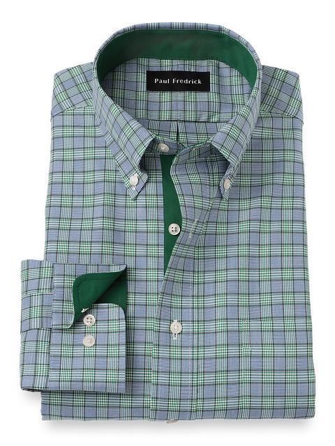 Non-Iron Cotton Plaid Dress Shirt With Contrast Trim - Navy/green Product Image