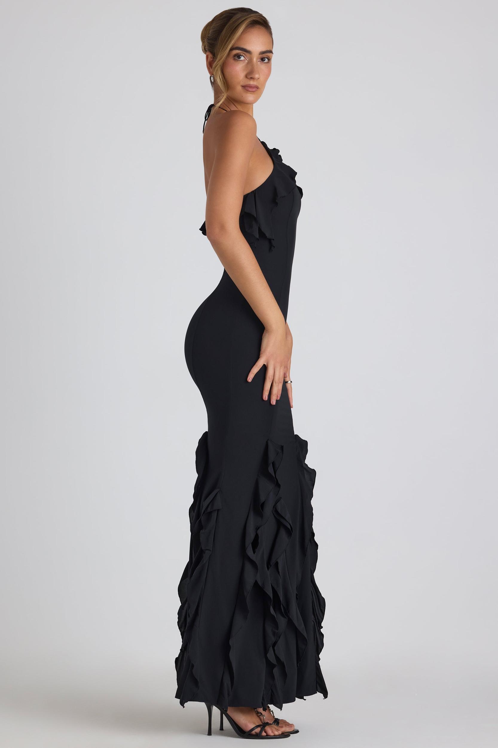 Ruffle-Trim Halterneck Gown in Black Product Image