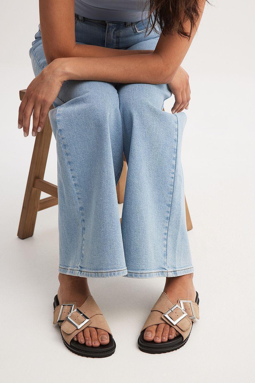 Double Buckle Leather Slippers Product Image