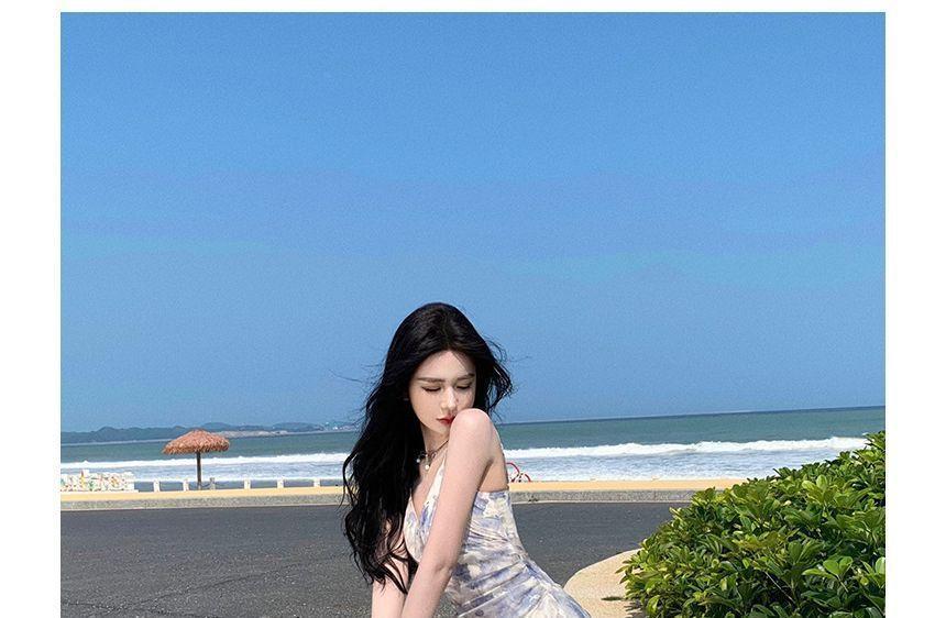 Spaghetti Strap Floral Slit Ruffle Trim Midi A-Line Sundress Product Image