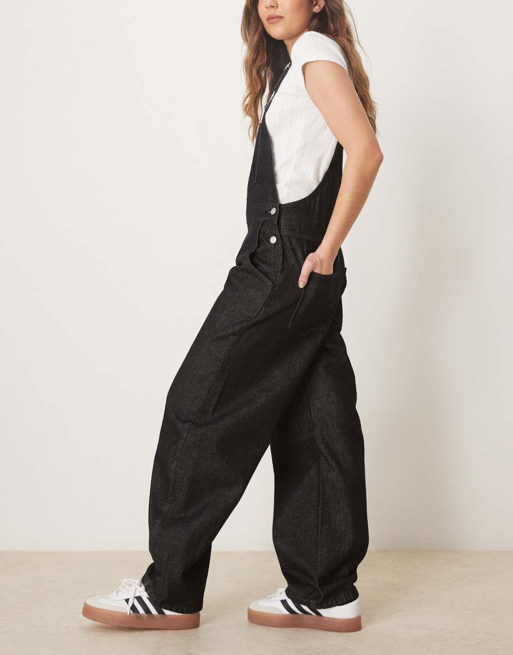 ASOS DESIGN barrel leg denim overalls in black Product Image