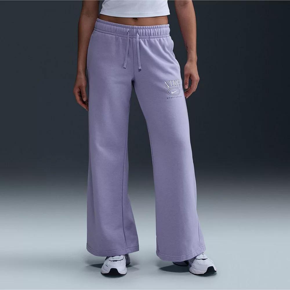 Women's Nike Sportswear Club Fleece Mid-Rise Graphic Wide-Leg Pants, Size: Large, Purple Ice Product Image
