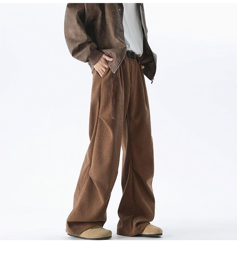 Mid Rise Plain Corduroy Wide Leg Pants Product Image