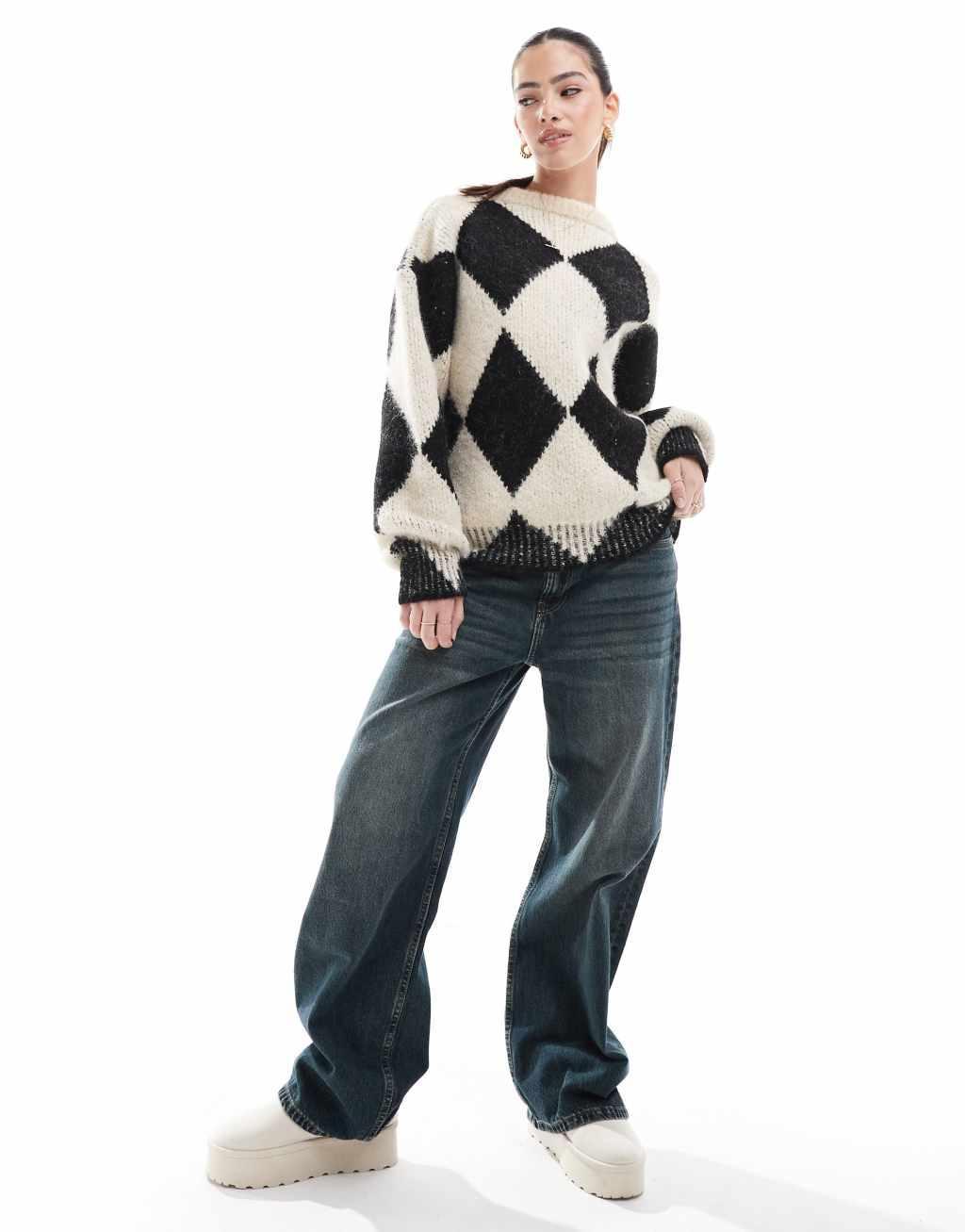 ASOS DESIGN wool blend knitted sweater with argyle pattern in black and white Product Image