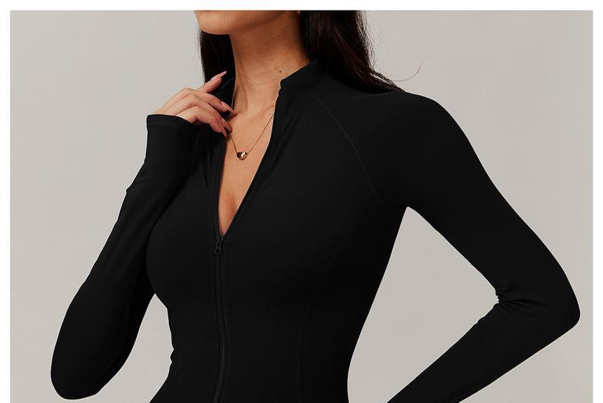 Long Sleeve Stand Collar Plain Fleece-Lined Skinny Jumpsuit Product Image