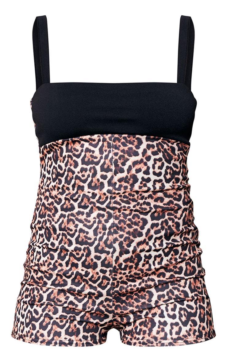 Brown Leopard Print Contrast Strappy Unitard Product Image