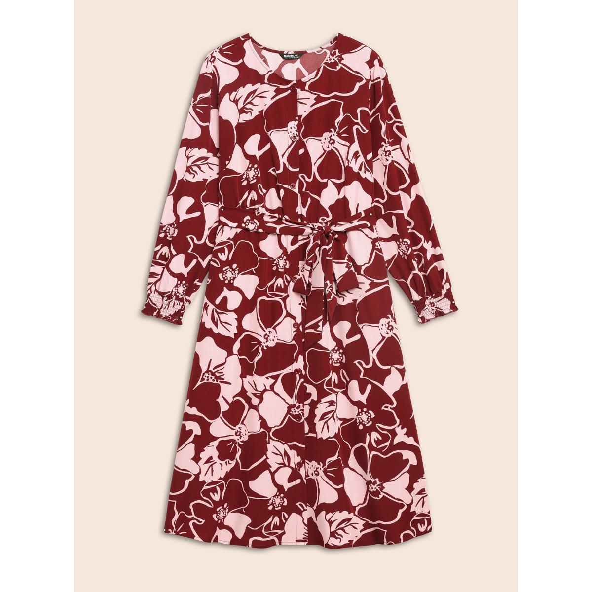 Plus Size Floral Button Up Belted Dress Burgundy Women Timeless Belted Round Neck Long Sleeve Curvy BloomChic 26/4X Product Image