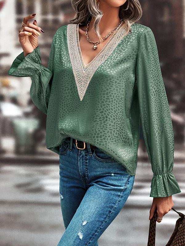 Long Sleeves Loose Elasticity Hollow Jacquard Leopard Split-Joint V-Neck Blouses&Shirts Tops Product Image