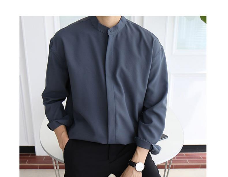 Long Sleeve Band Collar Plain Button Shirt Product Image