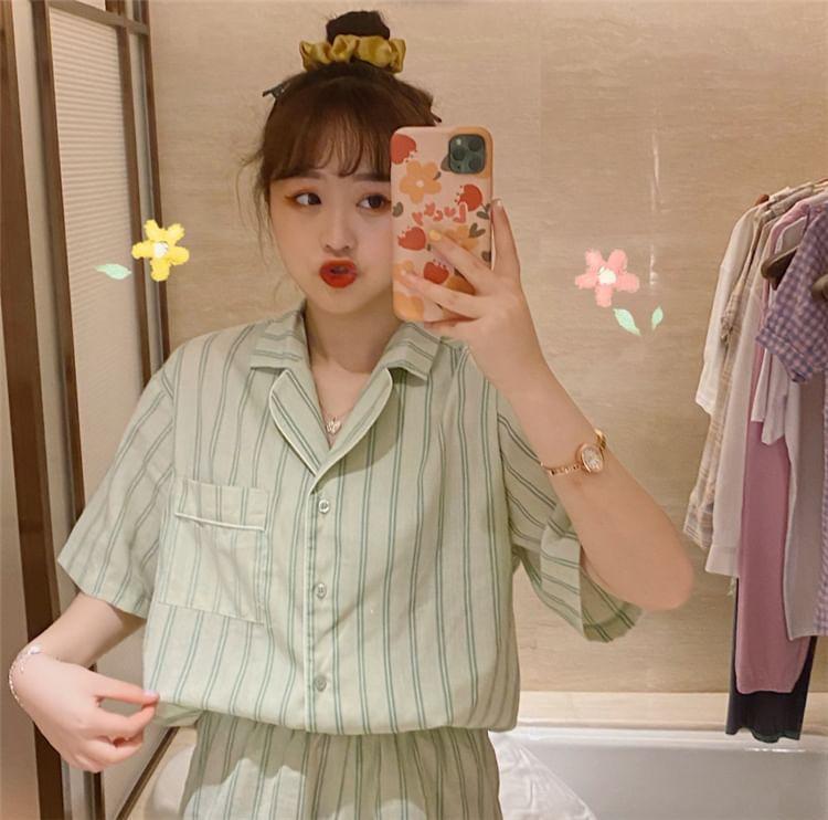 Pajama Set: Striped Short-Sleeve Blouse + Shorts Product Image