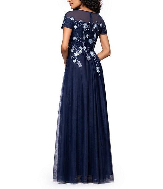 Betsy & Adam Mesh Short Sleeve Floral Sequin Embroidered A-Line Gown Product Image