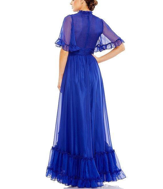 Mac Duggal Ruffled Mock Neck Short Flutter Sleeve High-Low Hem Gown Product Image