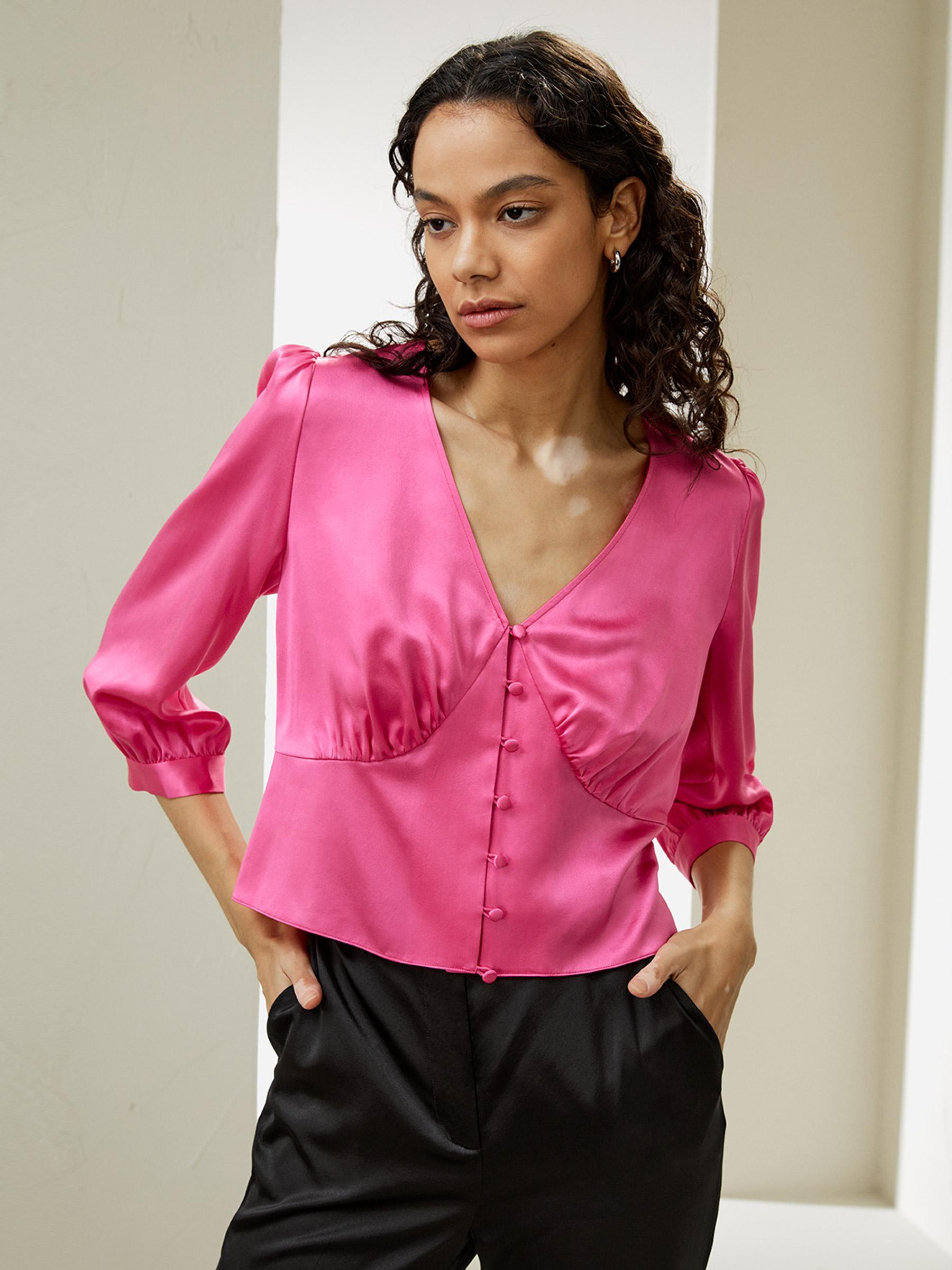 LILYSILK Female Silk Shirts Ladies Magenta 100 Silk Tailored Front Button-And-Loop Closure Blouse 2 Product Image