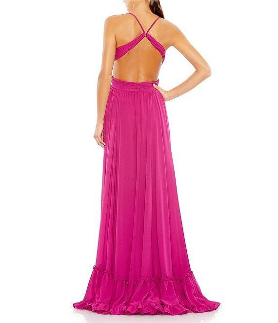 Mac Duggal Deep V-Neck Open Back Ruffle Front Chiffon Sheath Hi-Lo Gown Product Image