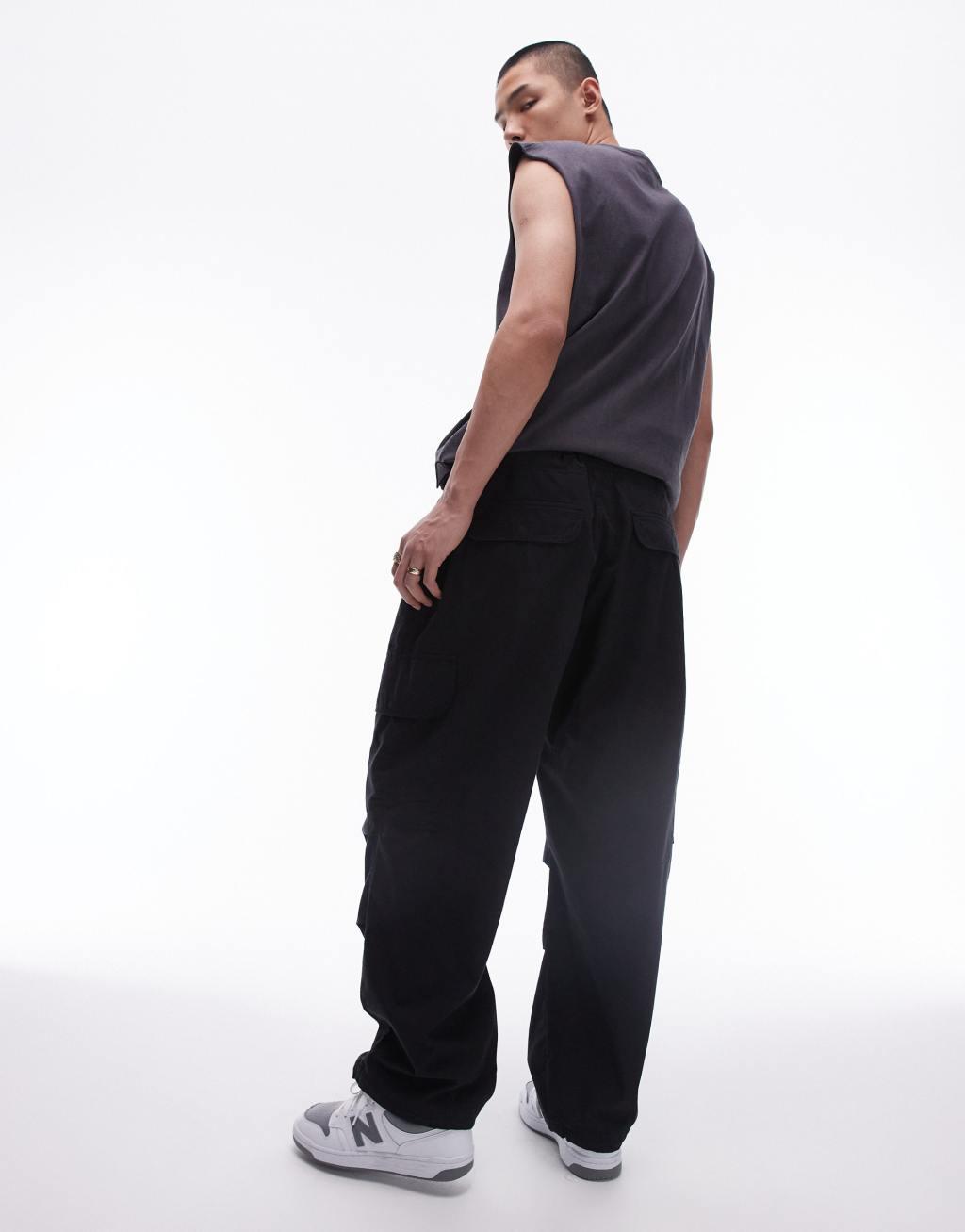 Topman wide cargo pants in black Product Image