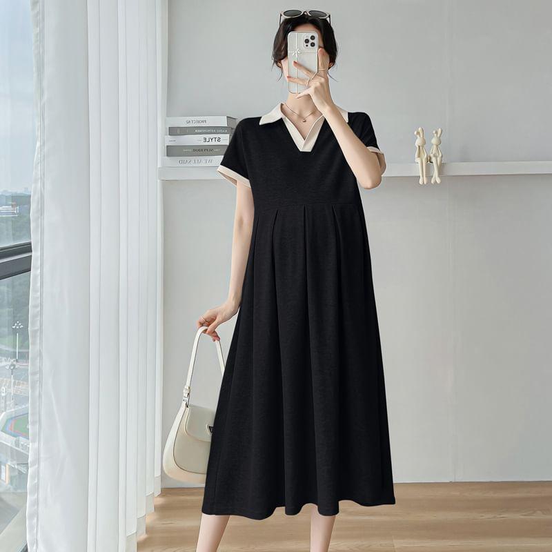 Maternity Short-Sleeve Collar Contrast Trim Midi A-Line Dress Product Image