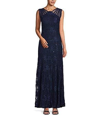 R  M Richards Petite Size Sleeveless Lace Round Neck Fit and Flare Dress Product Image