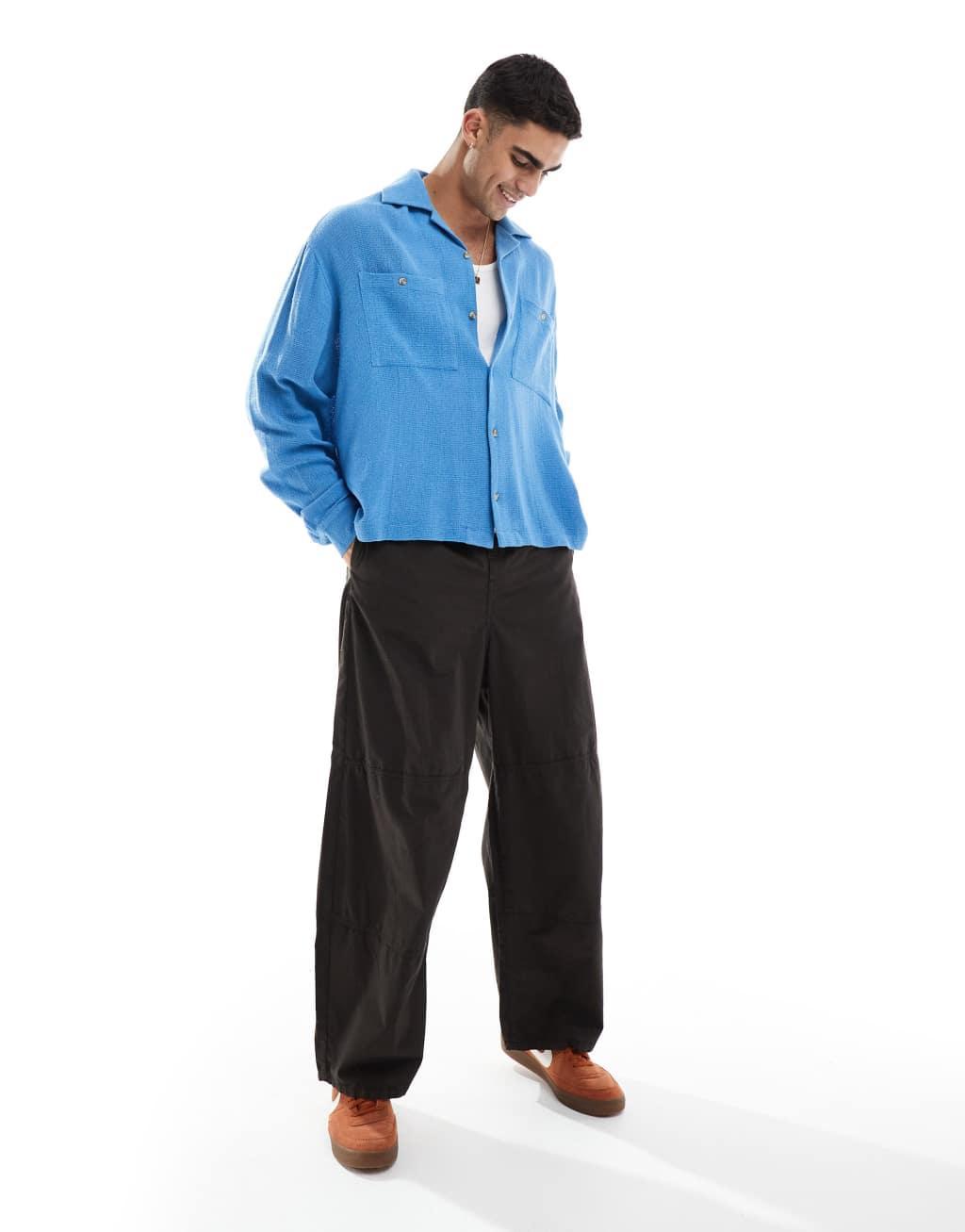 ASOS DESIGN boxy textured oversized shirt in blue Product Image