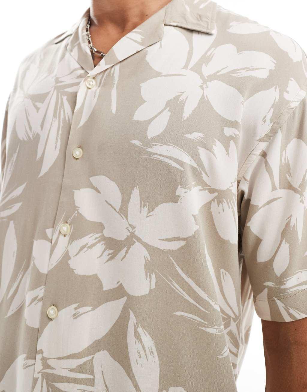 Jack & Jones floral shirt with revere collar in beige Product Image