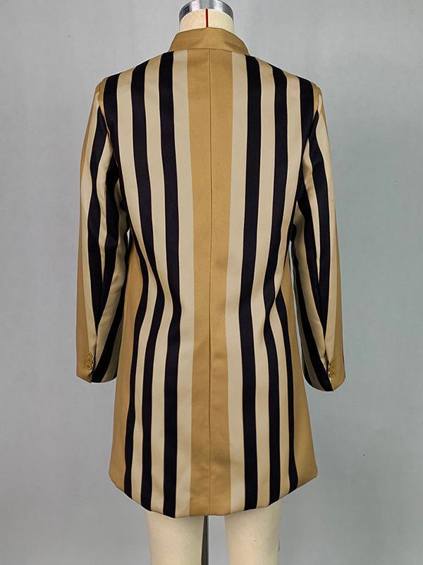 Long Sleeves Loose Buttoned Split-Joint Striped Stand Collar Woolen Coat Product Image