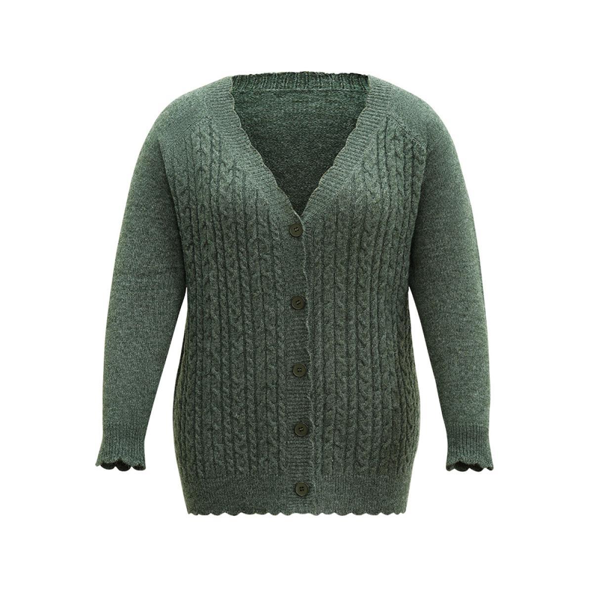 Plus Size Solid Cable Knit Scalloped Trim Cardigan DarkGreen Women Casual Loose Long Sleeve Dailywear Cardigans BloomChic 26/4X Product Image