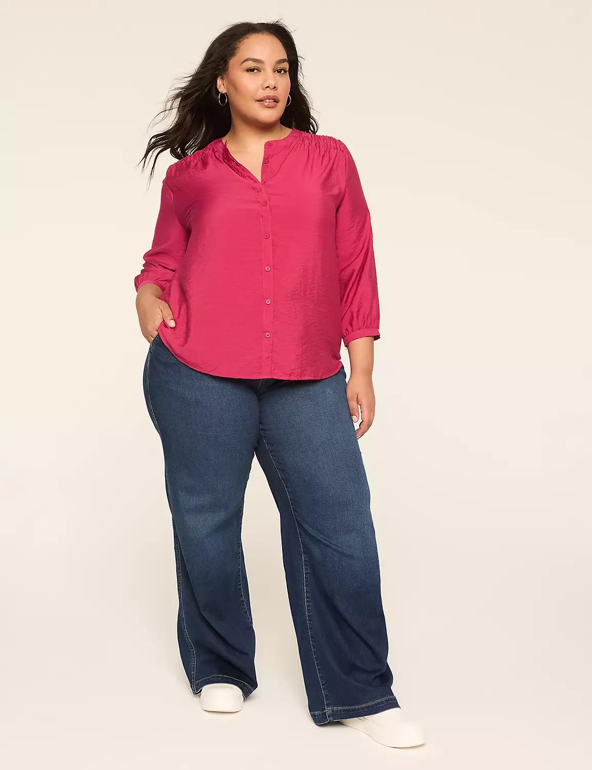 3/4-Sleeve Crew-Neck Button-Front Top Product Image