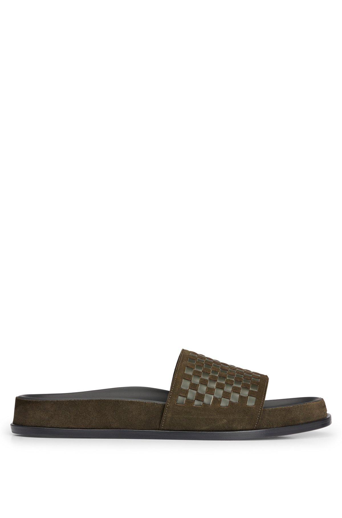 Mixed-leather slides with woven upper strap Product Image