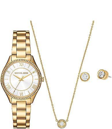 Michael Kors Womens Lauryn Three-Hand Rose Gold-Tone Stainless Steel Bracelet Watch Set Product Image