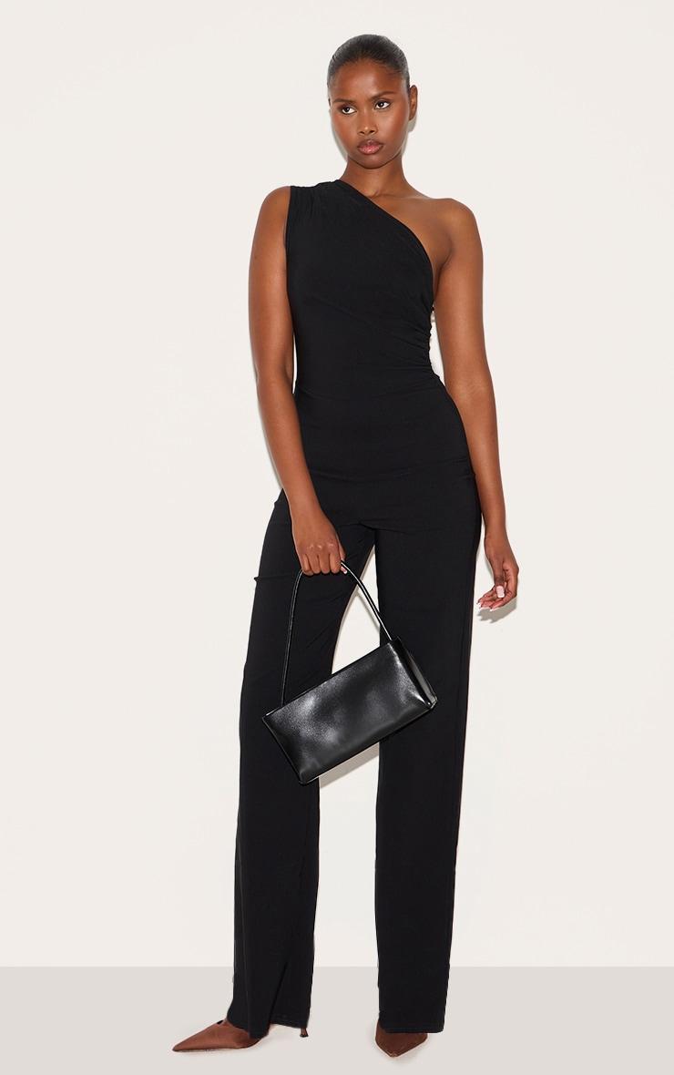 Black Stretch Woven One Shoulder Ruched Flared Jumpsuit Product Image