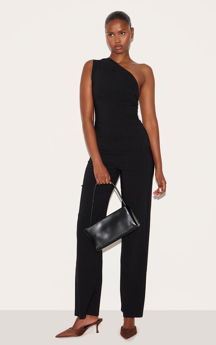 Black Stretch Woven One Shoulder Ruched Flared Jumpsuit Product Image