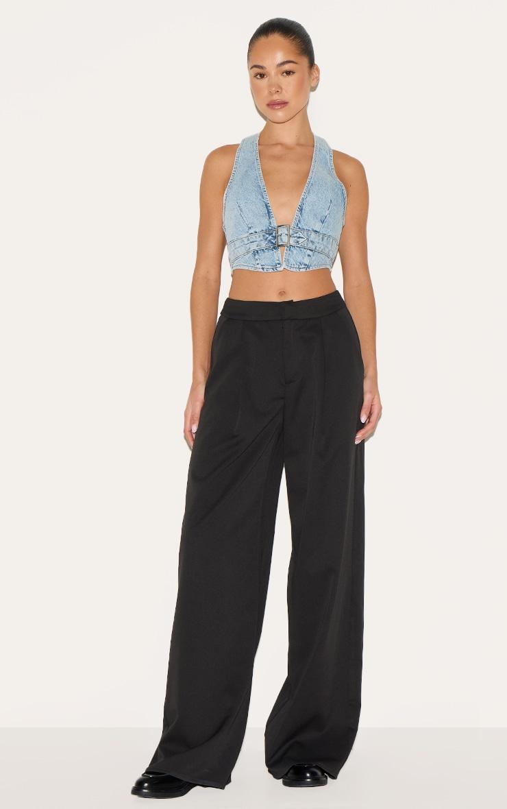 Light Blue Wash Buckle Front Denim Halterneck Top Product Image