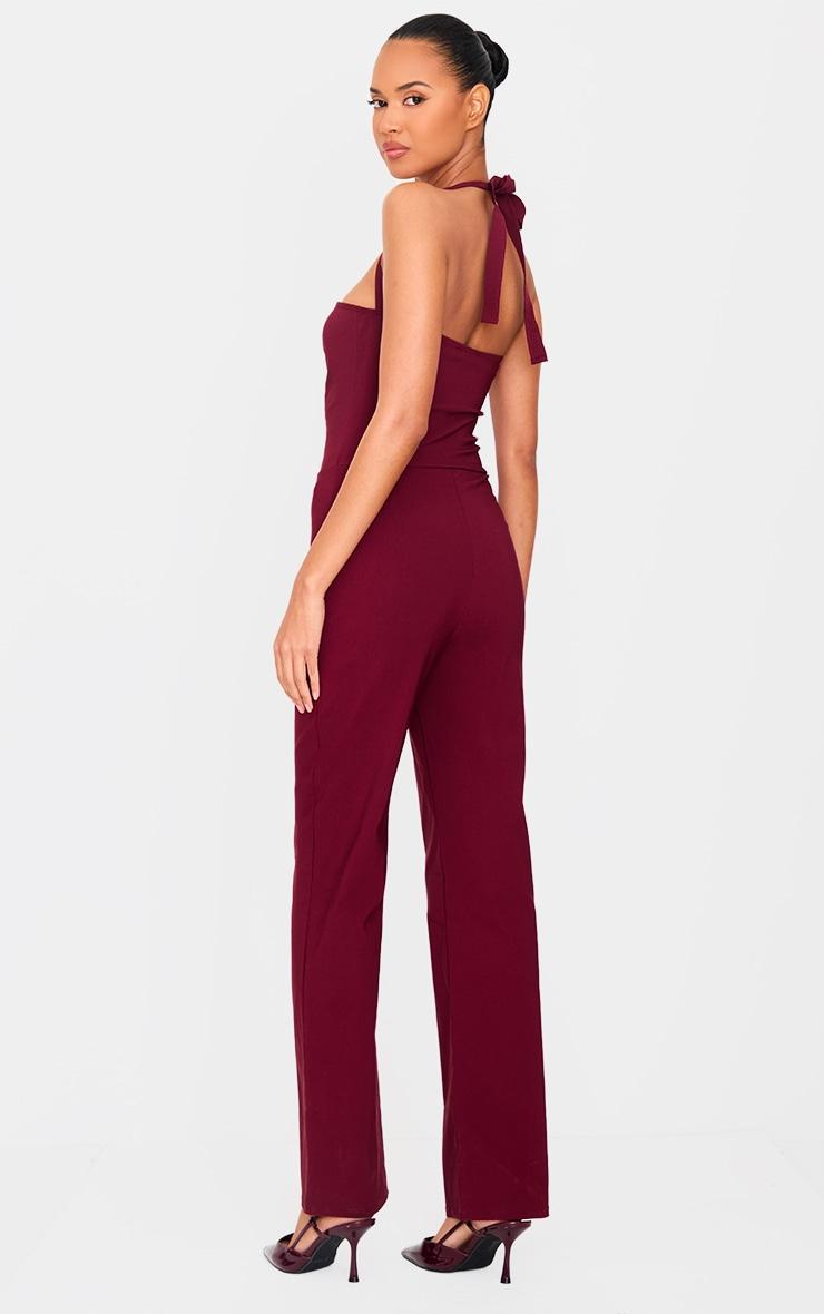 Burgundy Stretch Woven Thick Halterneck Strap Straight Leg Jumpsuit Product Image