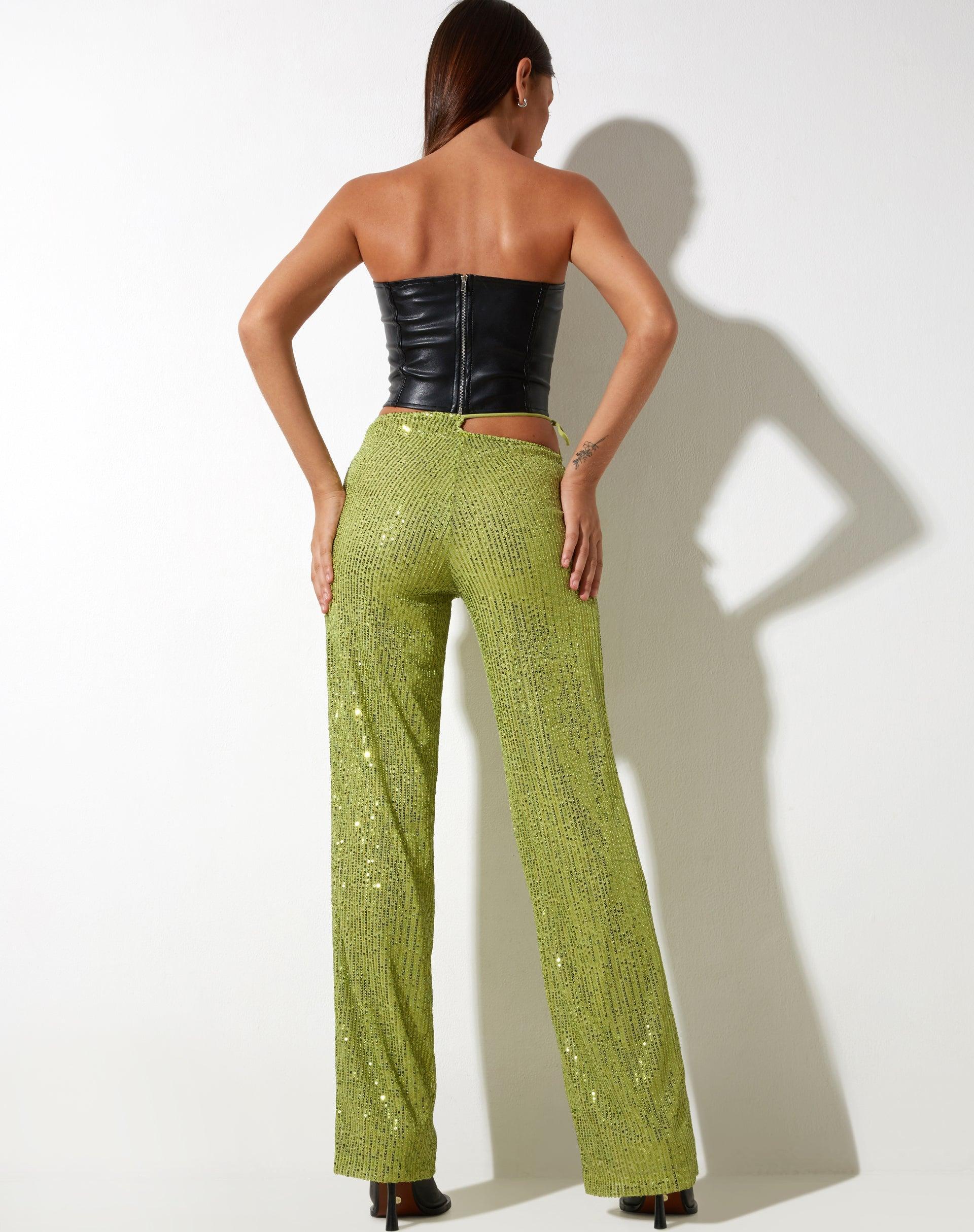 Sanju Trouser in Drape Sequin Lime Green Product Image