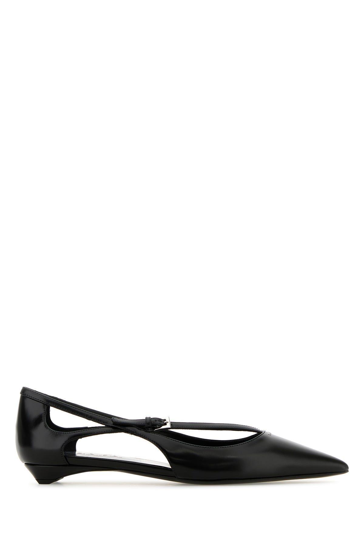 PRADA Leather Crisscross Buckle Ballerina Flats In Black Product Image