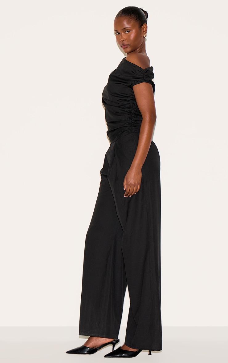  Black Woven Ruched One Sleeve Jumpsuit Product Image