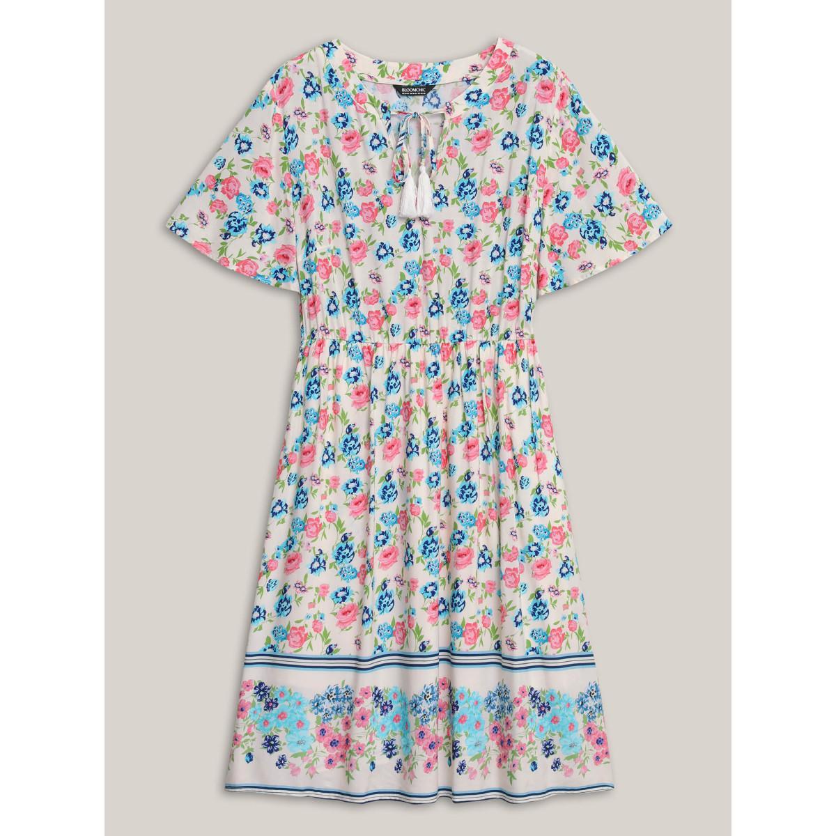 Plus Size Rayon Floral Print Neck Tie Pockets Midi Dress Multicolor Women Boho Notched collar Short sleeve Curvy BloomChic 12/L Product Image