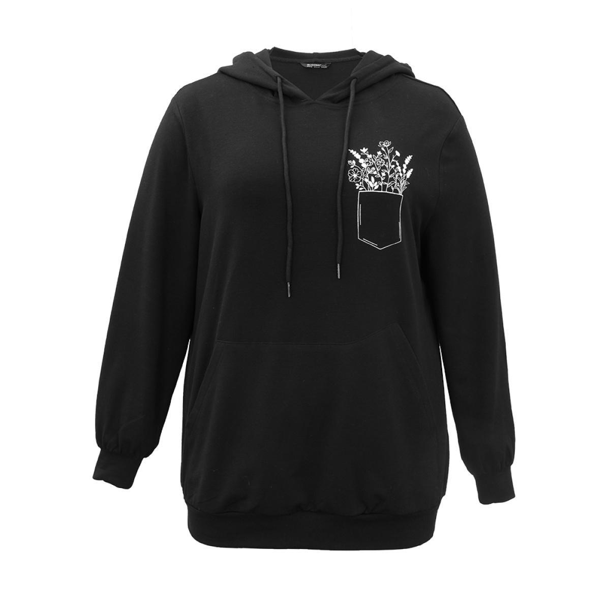 Plus Size Floral Print Pocket Hooded Drawstring Sweatshirt Women Black Casual Elastic cuffs Dailywear Sweatshirts BloomChic 14-16/1X Product Image