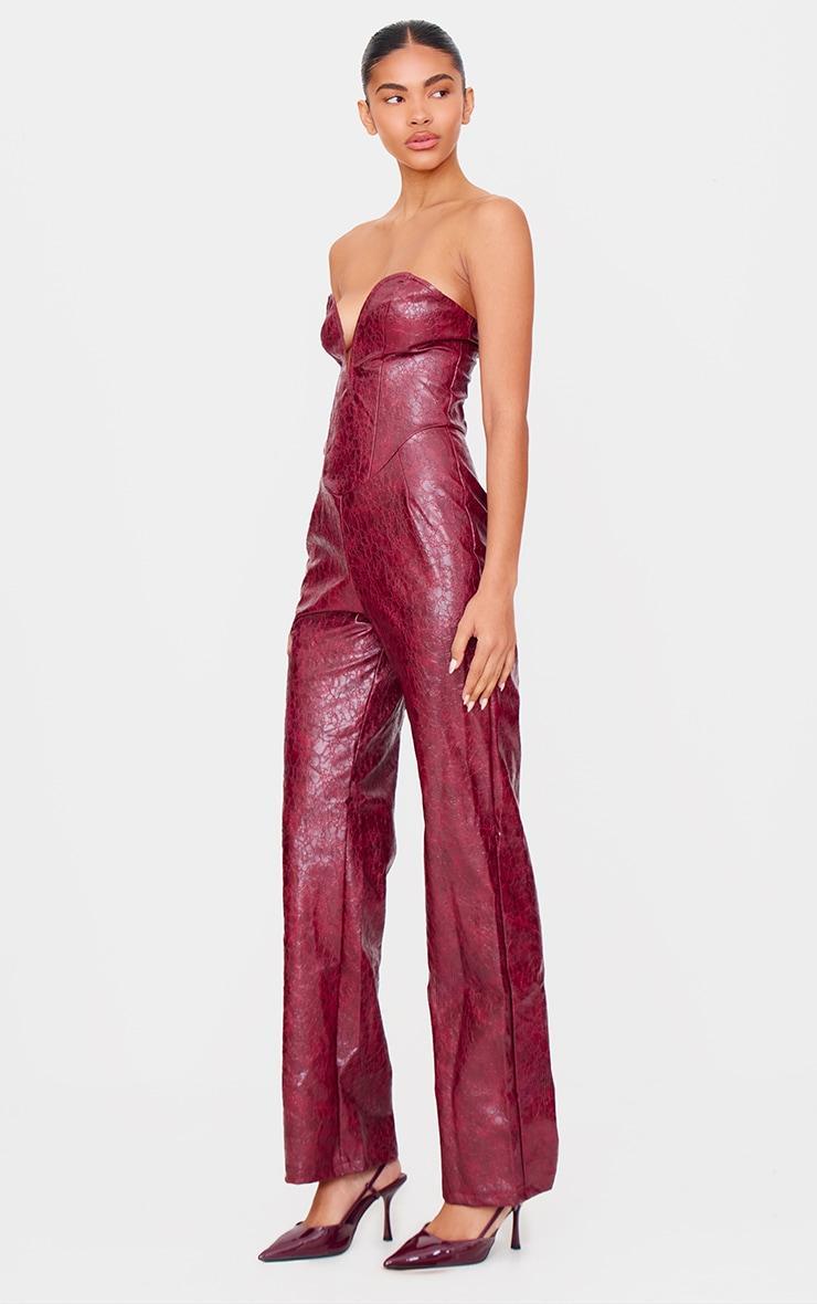 Burgundy Croc Faux Leather Bandeau Plunge Straight Leg Jumpsuit Product Image