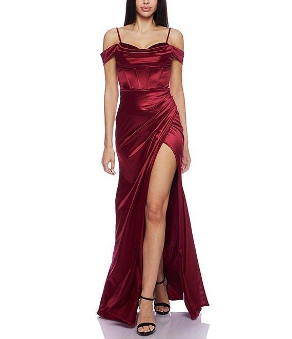 B. Darlin Off-The-Shoulder Corset Wrap Side Slit Long Dress Product Image