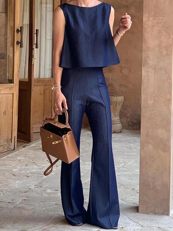 Loose Sleeveless Solid Color Split-Joint Boat Neck Vest Top Product Image