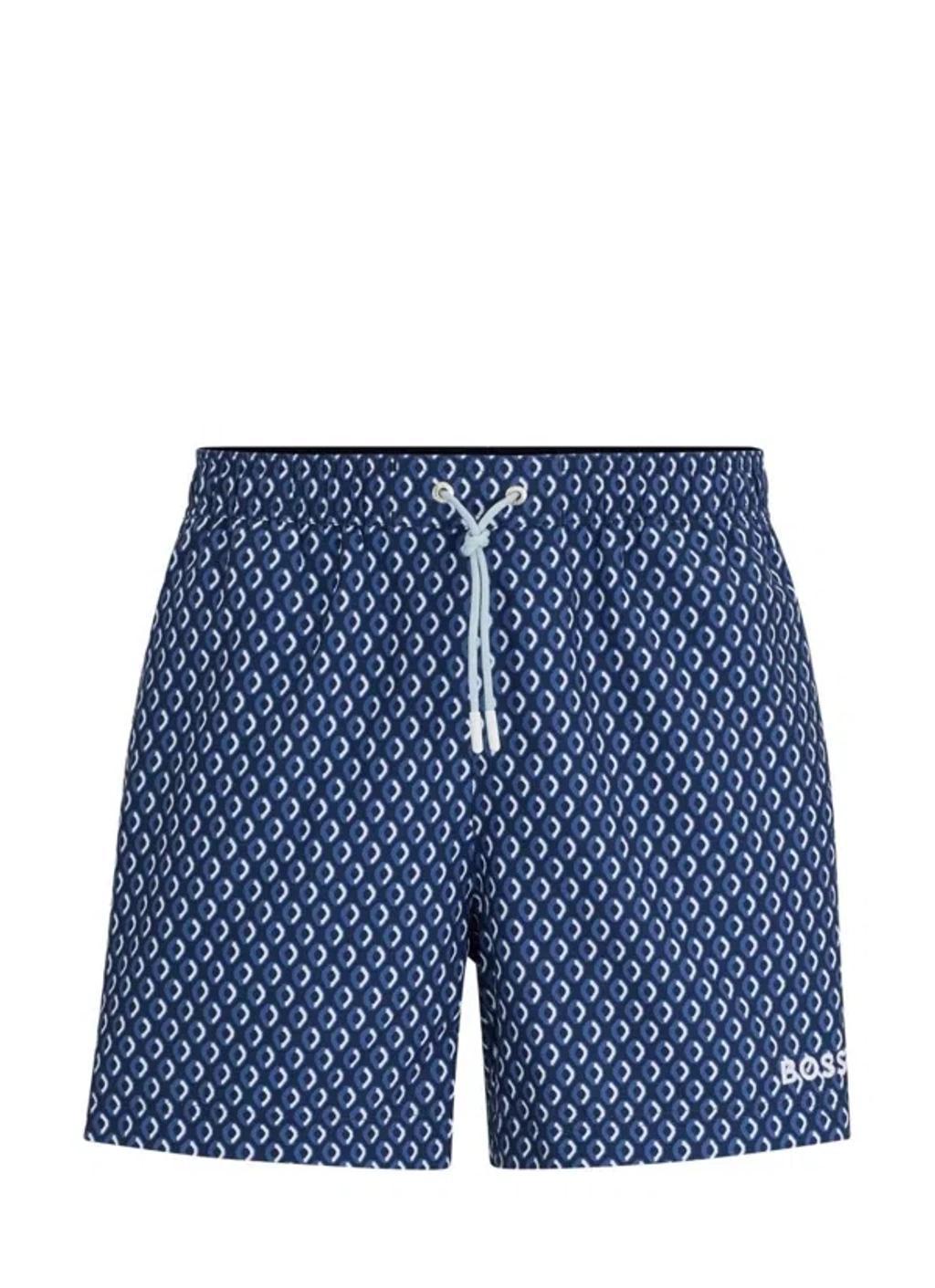 HUGO BOSS Micro-print Quick-drying Swim Shorts With Logo Detail In Dark Blue Product Image