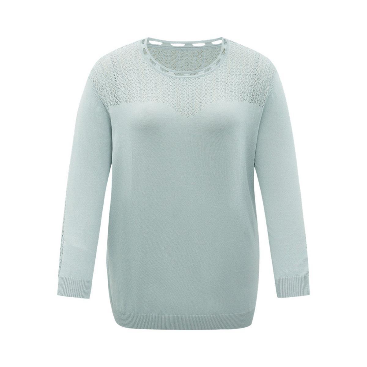 Plus Size Plain Eyelet Patchwork Drop Shoulder Pullover LightBlue Women Casual Loose Long Sleeve Round Neck Dailywear Pullovers BloomChic 26/4X Product Image