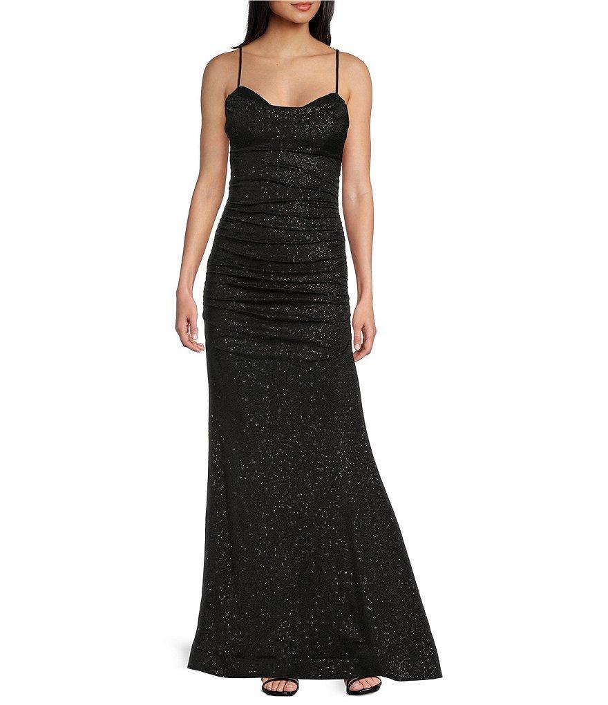 Honey and Rosie Glitter Drape Neck Adjustable Strap Shirred Gown Product Image