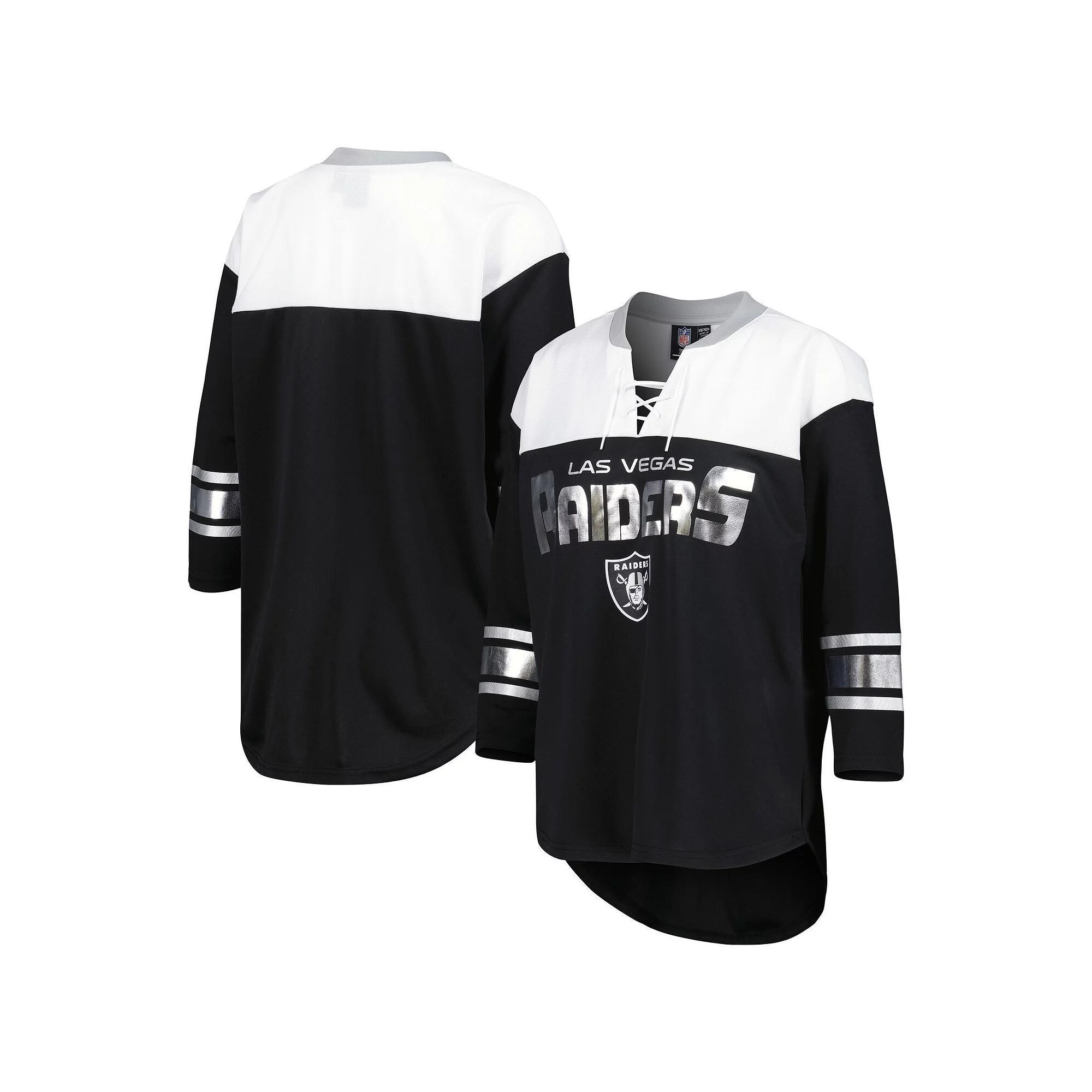Women's G-III 4Her by Carl Banks Black/White Las Vegas Raiders Double Team 3/4-Sleeve Lace-Up T-Shirt, Size: Small, Lvr Black Product Image
