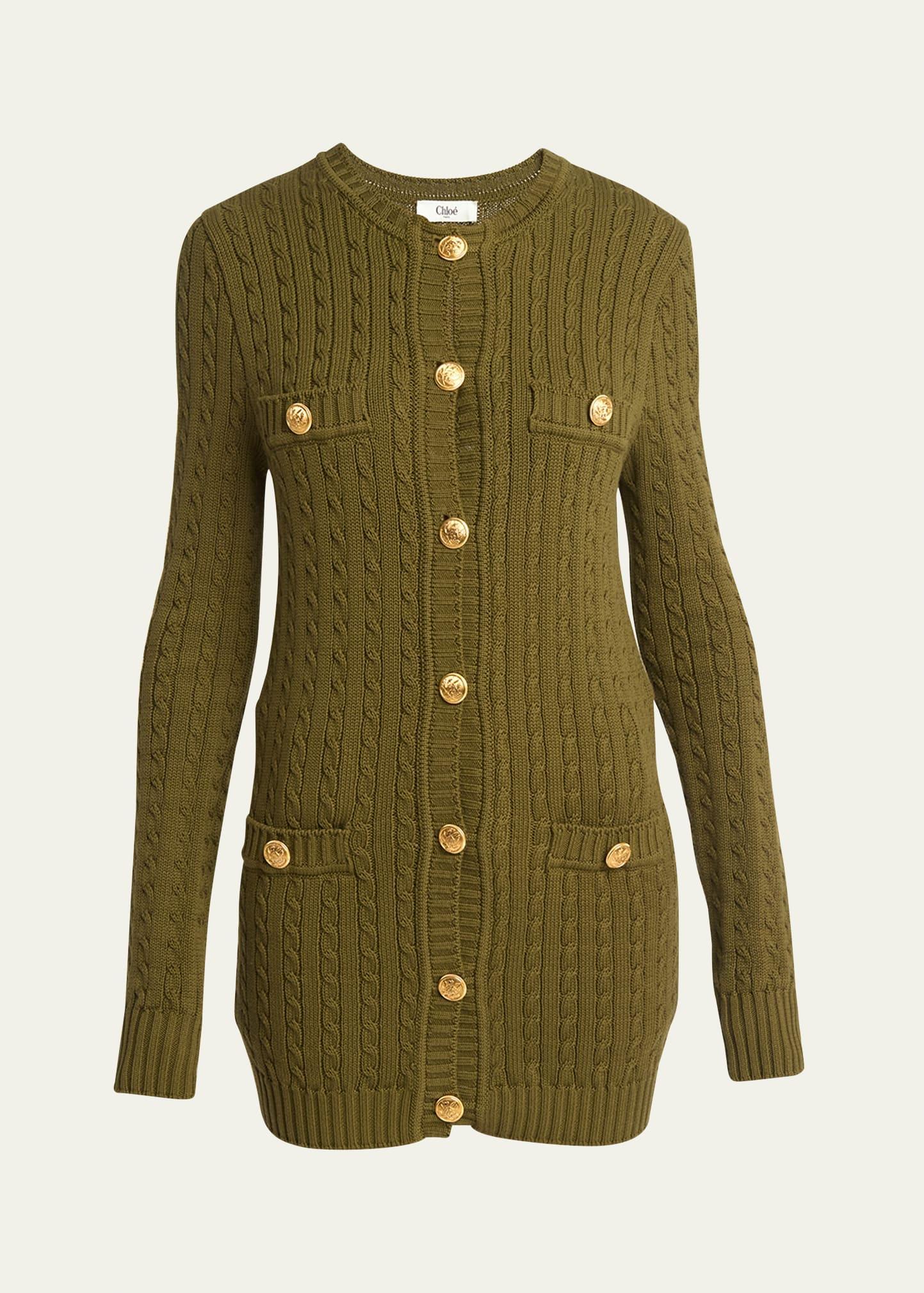 Longline Cable-knit Cotton Cardigan In Green Product Image