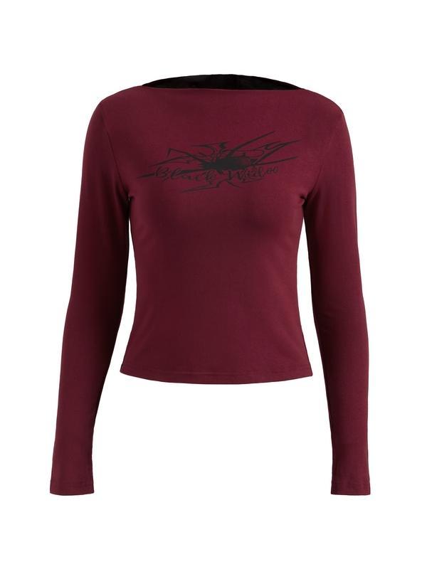 Off Shoulder Graphic Print Slim Long Sleeve Tee Product Image